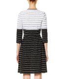 Leaf-Embroidered Sleeveless Fit-&-Flare Dress, White/Black