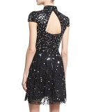 Maureen Cap-Sleeve Embellished Lace Cocktail Dress, Black