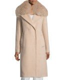 Long Fox-Trim Wool-Blend Peacoat, Dusty Rose