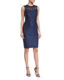 Sequined Knit Jewel-Neck Dress, Sapphire