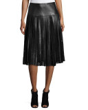 Jolene Pleated Leather & Lace Midi Skirt, Black