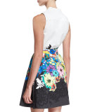 Sleeveless Embroidered Fit-&-Flare Dress, Black/White/Blue