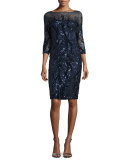 3/4-Sleeve Embellished Sheath Dress, Navy