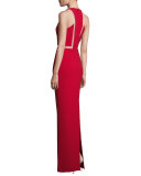 Mesh-Inset Sleeveless V-Neck Gown, Vermillion
