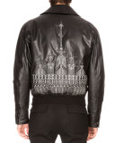 Zip-Front Leather Jacket W/Embroidered Back, Black