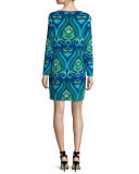 Long-Sleeve Keyhole Printed Shift Dress, Multi