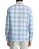 Plaid Linen-Blend Long-Sleeve Sport Shirt, White/Light Blue