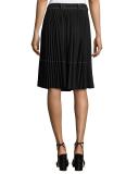 Belted Pleated A-Line Skirt, Black