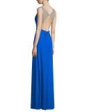 Sleeveless Illusion Beaded V-Neck Gown, Electric Blue