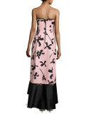 Strapless Floral Faille High-Low Gown, Light Pink