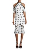 Cold-Shoulder Printed Burnout Midi Dress, Ivory