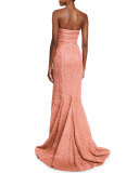 Strapless Tonal-Piping Lace Gown, Coral