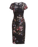 Short-Sleeve Floral Embroidered Sheath Dress, Black