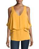 Ziva Cold-Shoulder Silk Blouse, Amber