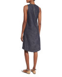Sleeveless Chambray High-Low Shift Dress, Dark Blue
