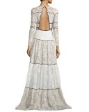 Sara Long-Sleeve Paneled Lace Gown, Ivory