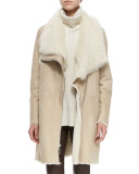 Asymmetric Shearling Fur Coat, Creme