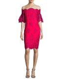 Off-the-Shoulder Lace Sheath Dress, Fuchsia