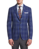Cashmere-Blend Plaid Two-Button Jacket w/ Patch Pockets, Navy/Brown