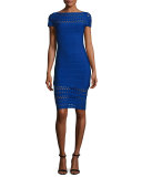 Bateau-Neck Perforated Bandage Dress, Blue