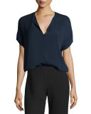 Pintuck Split-Neck Silk Top, Coastal