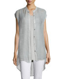 Sleeveless Button-Front Mesh Shirt, Silver