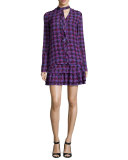 Silk 2-in-1 Houndstooth Flounce Dress, Cobalt/Multicolor