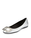 Gommette Buckle Leather Flat, Silver