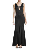 Sleeveless Satin Mermaid Gown, Black