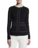 Topstitched Scuba Long-Sleeve Top, Navy