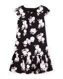 Cap-Sleeve Floral Crepe Flounce Dress, Black, Size 2-6