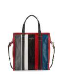 Bazar Small Striped Leather Shopper Tote Bag, Gray/White/Black/Blue