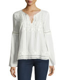 Emiliana Embroidered Lace-Up Blouse, Ivory