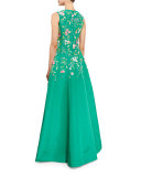 Bateau-Neck Threadwork Embroidered Gown, Clover