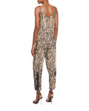 Animal-Print Cargo-Pocket Jumpsuit, Beige/Black
