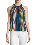 Sleeveless Vertical-Striped Top, Black/Metallic