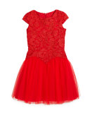 Cap-Sleeve Lace & Tulle Party Dress, Red, Size 6-16