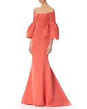 Off-the-Shoulder Bell-Sleeve Mermaid Gown, Pink