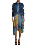 Paisley Denim Jacket W/Fringe Trim, Navy