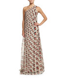 One-Shoulder Draped Gown, Pink/Sand Multi