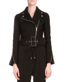 Asymmetric-Zip Belted Felt Biker Jacket, Black