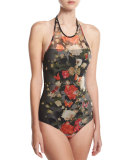 Floral Illusion Tulle High-Neck Halter One-Piece Swimsuit, Black