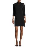 3/4-Sleeve Leather-Shoulder Shift Dress, Petite 