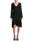 Waverly Long-Sleeve Chiffon Midi Dress, Black