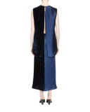 Sleeveless Satin & Velvet Combo Midi Dress, Blue Ink