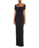 Illusion Sequined Short-Sleeve Gown, Black