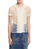 Short-Sleeve Macrame-Trim Blouse, Ivory