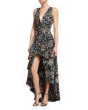 Aveena Sleeveless Floral-Print High-Low Gown 
