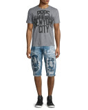 Destroyed Bleach-Splatter Denim Shorts, Blue