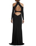 Long-Sleeve Jersey Cold-Shoulder Gown, Black